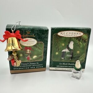 Vintage 2000 Hallmark Friend Chimes In Ice Block Buddies Ornaments Set Of 2 Xmas